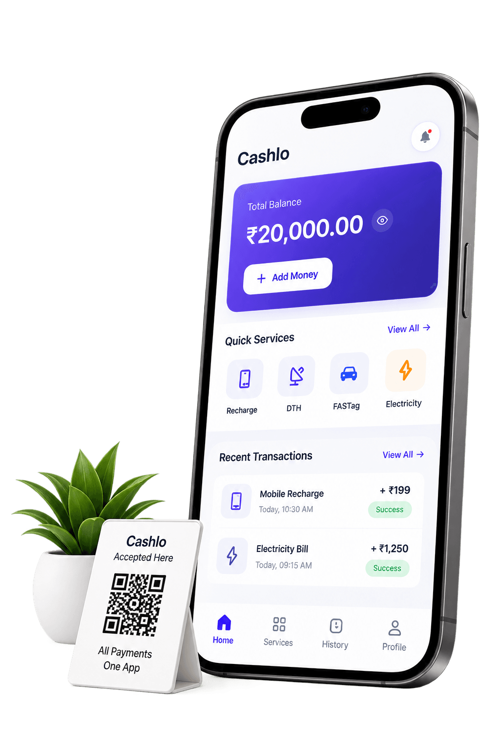 Cashlo app shown on a phone next to a shop payment QR stand